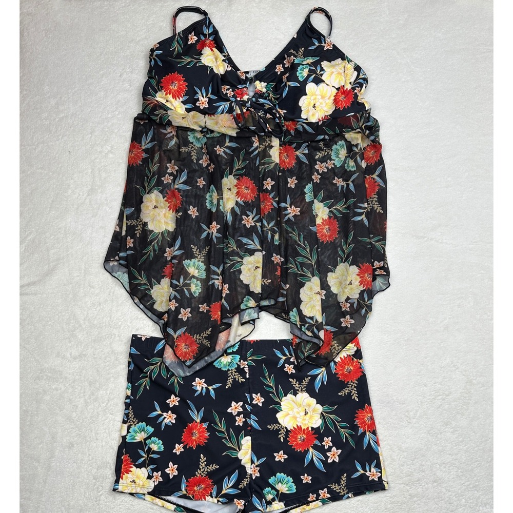 Finwanlo Womens Floral Tankini‎ Set Black Mesh Overlay Swim Shorts XL